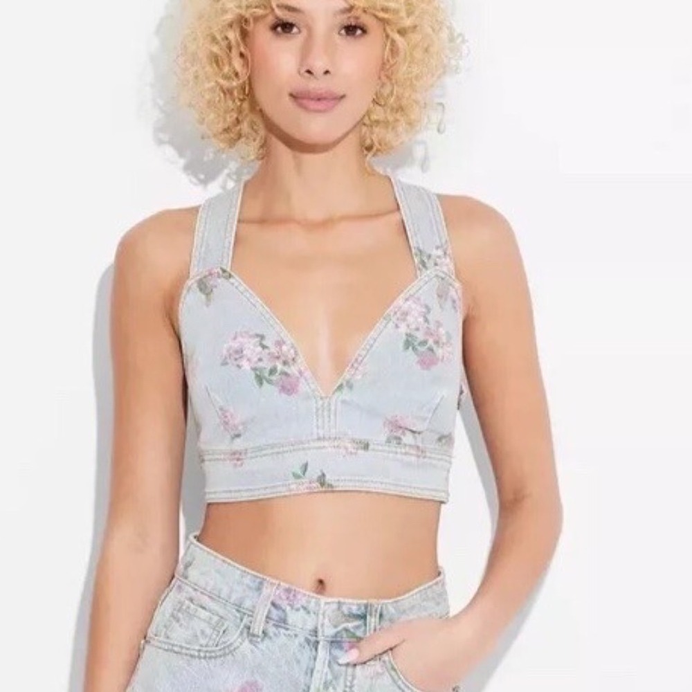 Wild Fable‎ Denim Corset Top Women Small Light Wash Floral New With Tags